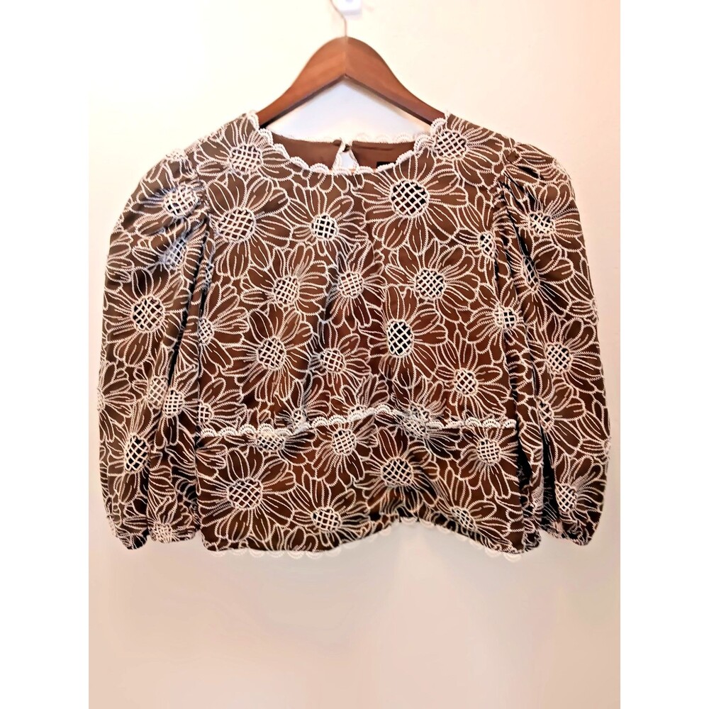 Express Brown Embroidered Cotton Blouse Puff Sleeve Open Back Peplum Sz 12
